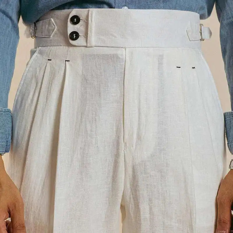 Linen  Retro Casual Pant British High Waist Pants Office-trouser Men Dress White Pant Trouser Straight Leg Pant Naples