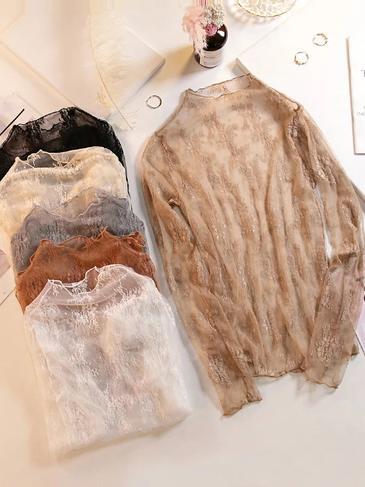 Women Thin See Through Lace Blouse Tops Sexy Lady Mesh Lace Patchwork Sunscreen Blouse Shirts LGHX-173
