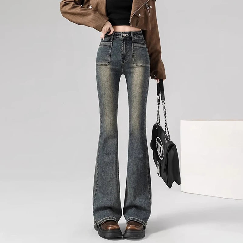 Spring Woman High Waist Vintage Flare Jeans Girls Korean Y2k 2000s Bell Bottom Pants Female Streetwear Gray Blue Denim Trousers