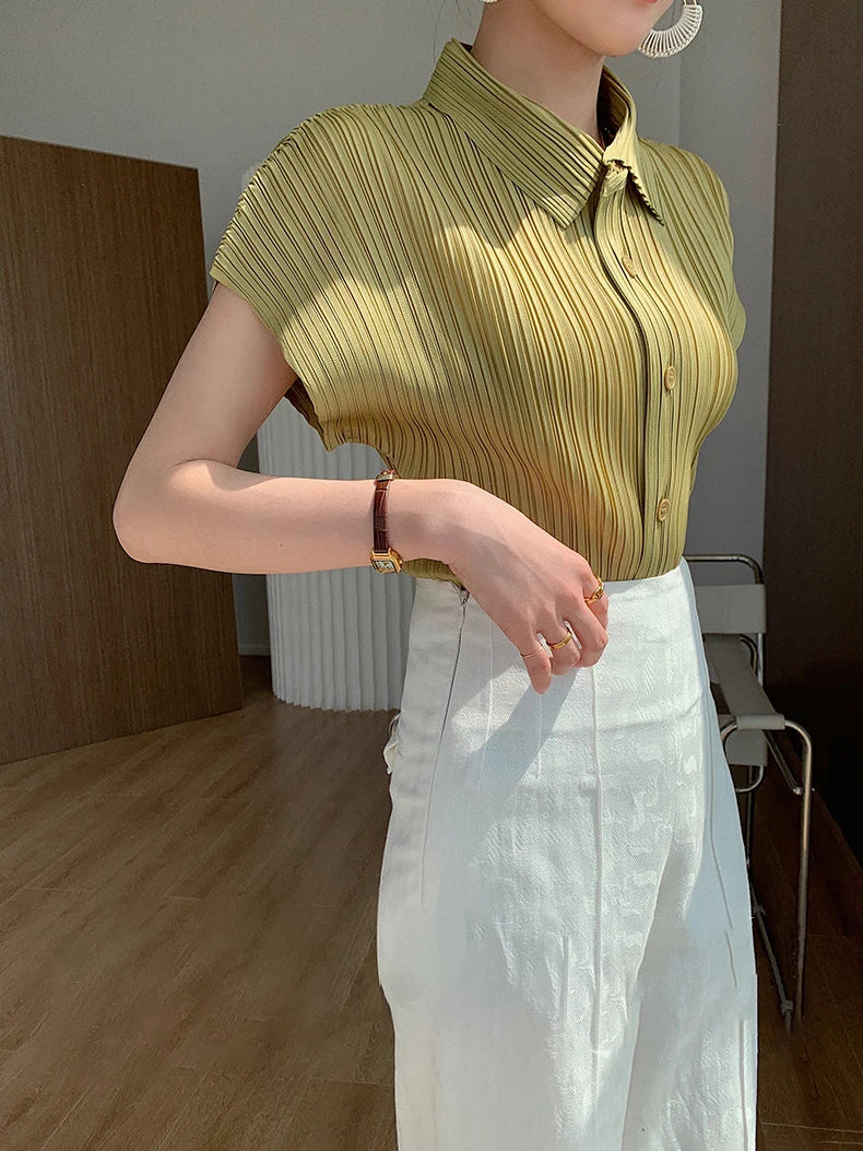 Miyake Pleated Cardigan Single Breasted Short Sleeve Polo Shirt Women Spring Summer Korean Fashion Causal Comfortable Clothing