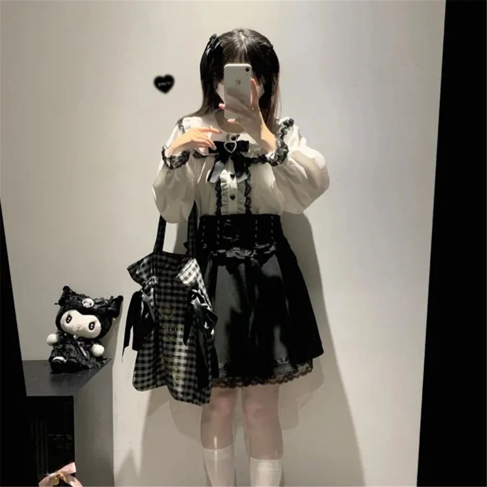 Jirai Kei Peter Pan Collar Japan Blouse Y2K Long Sleeves Lolita Crop Top Sweet Patchwork Bow Spring Kawaii Vintage Lace Jk Shirt