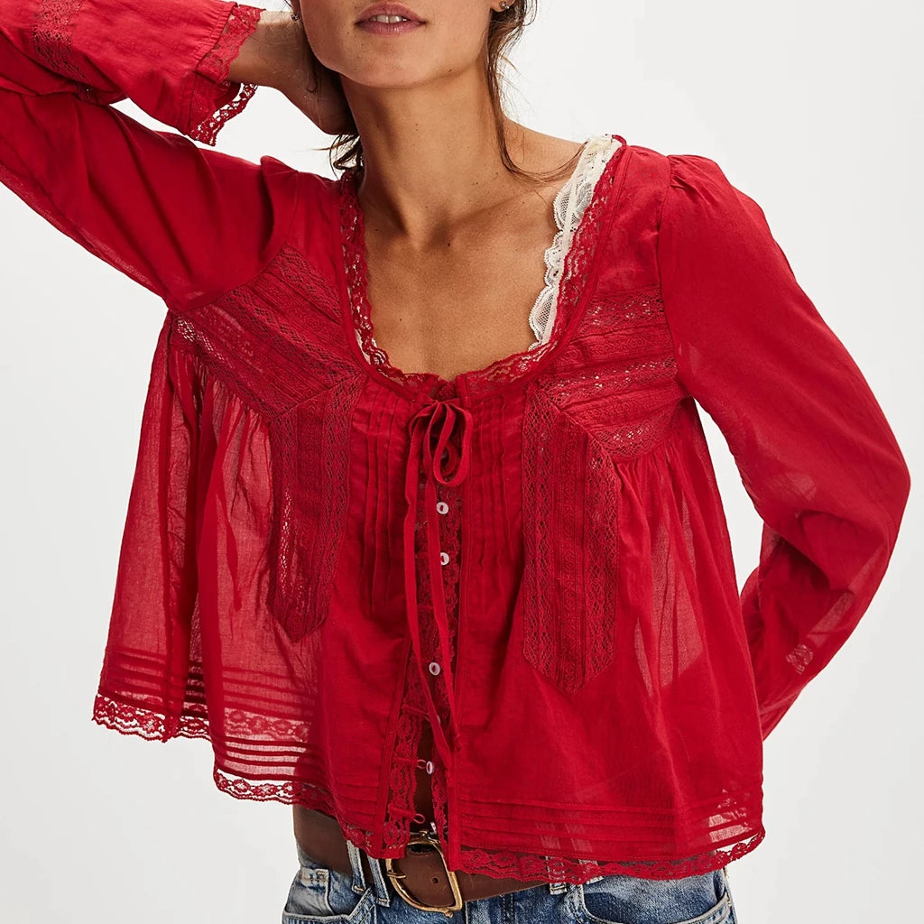 Combhasaki Women's Y2K Fairy Long Sleeve Square Neck Shirts Lace Patchwork See-through Tie-up Front Button-down Blouse Crop Tops