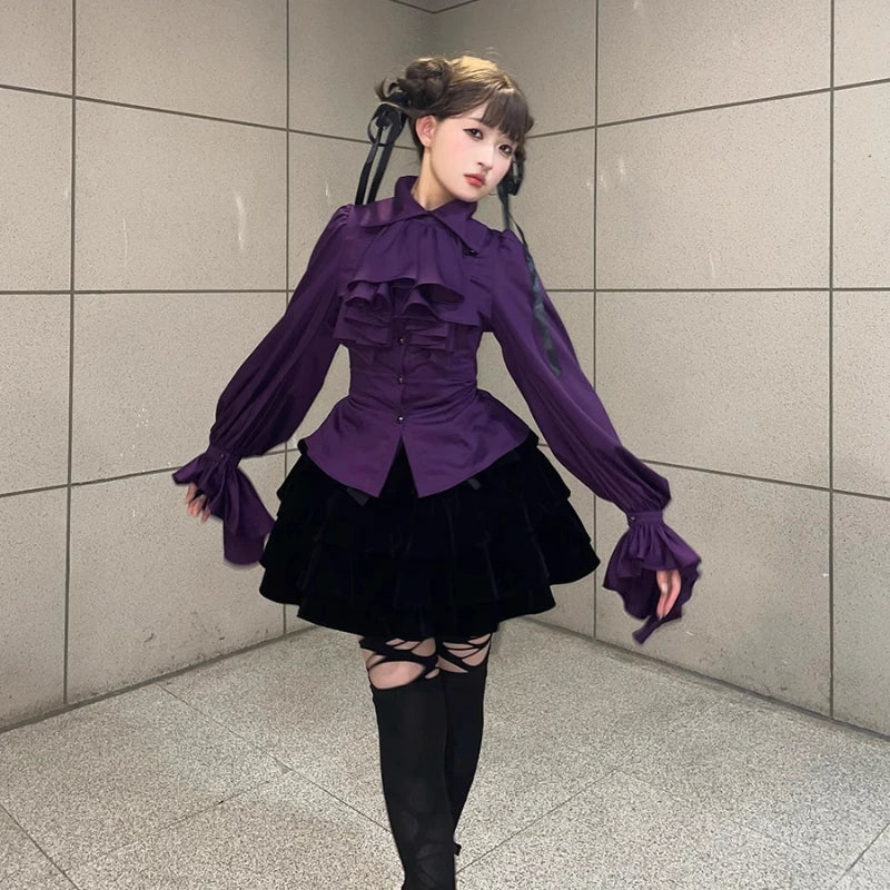 Lolita Sweet Flare Sleeve Blouse Y2k Aesthetic Ruffle Grunge Bodycon Shirt Tops Women Harajuku Single Breasted Vintage Blusas