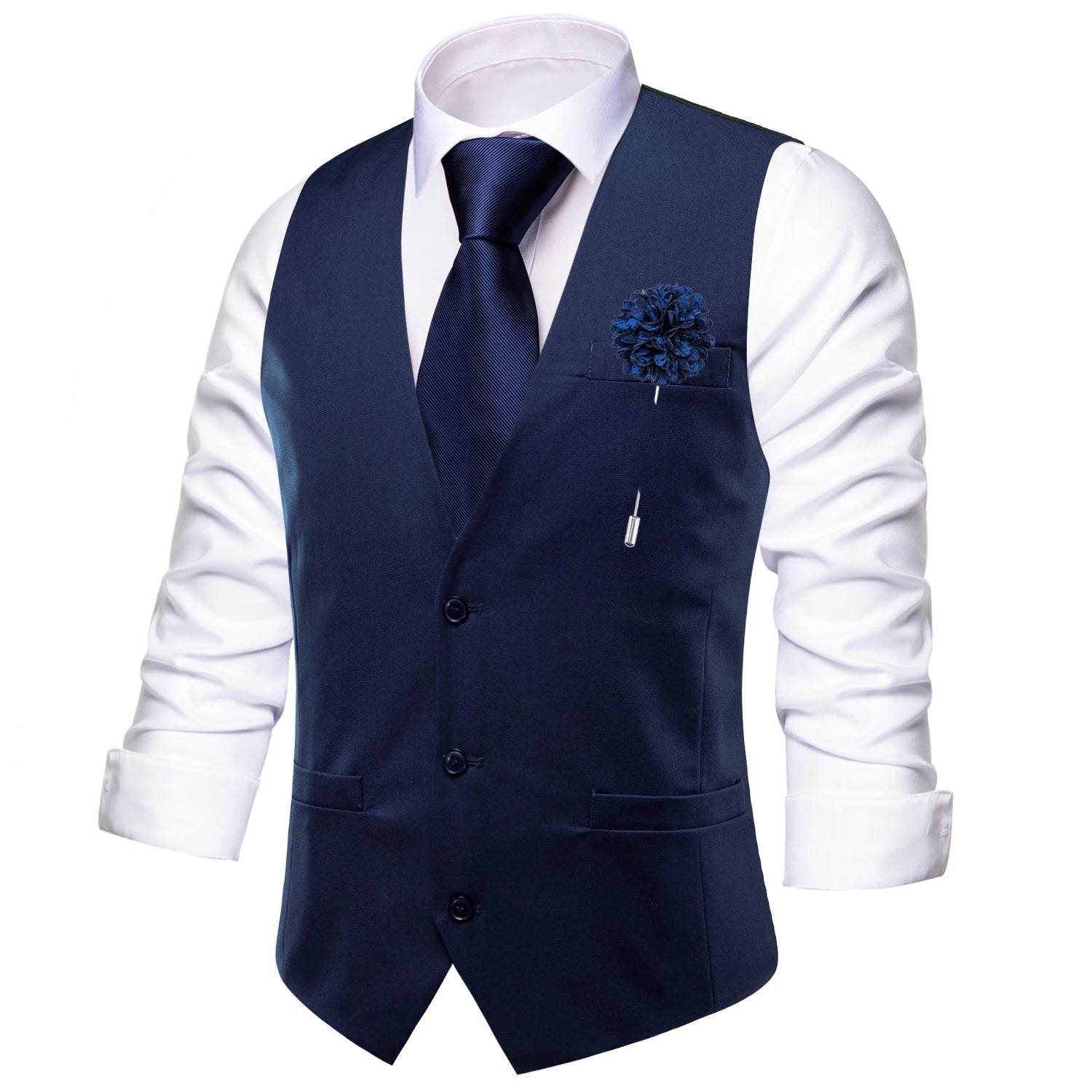 Hi-Tie Sky Blue Men's Silk Vest New Solid Slim Waistcoat Neck Tie Hanky Cufflinks Brooch Set for Men Suit Wedding Party Designer