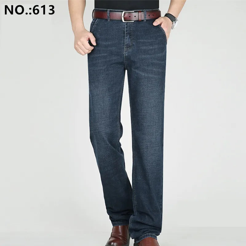 Extra Long Summer Jeans 117CM Tall Mens Thin Stretched Plus Size 40 42 44 Oversized Slim Fit High Waist Blue  Denim Trousers