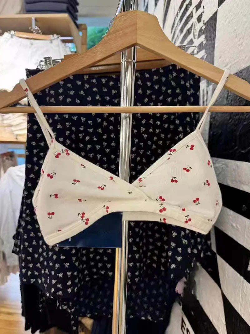 New Cherry Cotton Bra Shorts 2 Pieces Set Women Sexy V-neck Slim Bras with Straight Short Pants Casual Sweet Home Pajama Sets