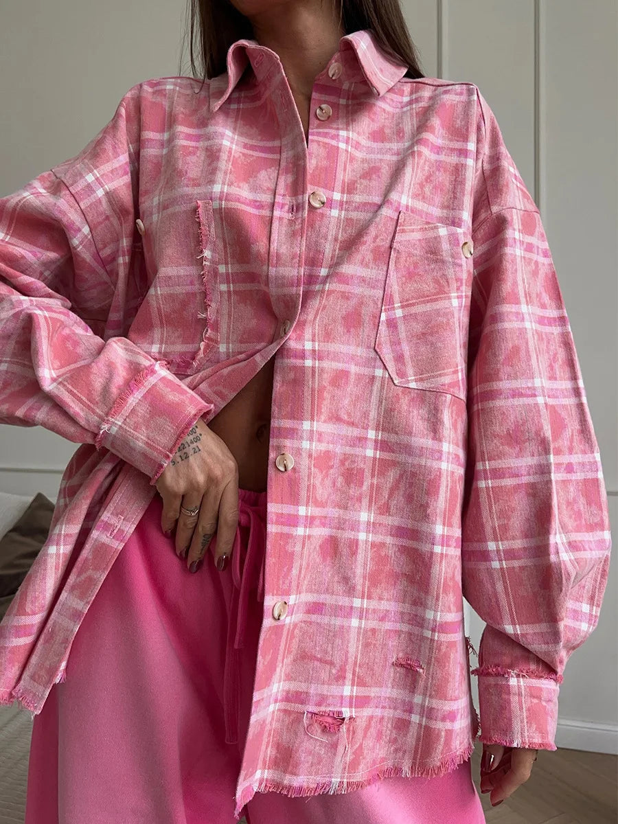 Retro Tie Dyed Cotton Checkered Shirt Spring and Summer Women's Street Syle Trend Y2K Loose School Cassual Pink Shirt Jacket