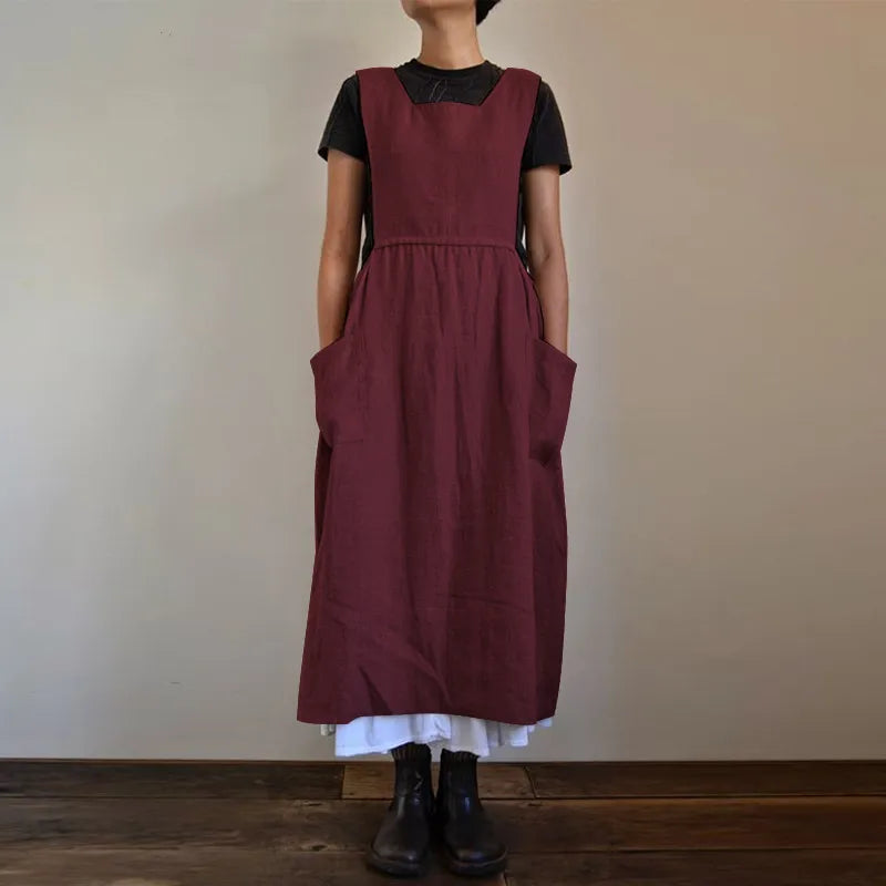 3 Color Oversized S-5XL Loose Cotton Linen Apron Midi Dress For Women Casual Pocket Homewear Solid Color Kitchen Uniform