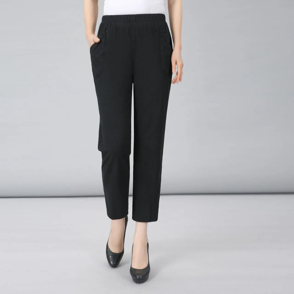 Spring Summer Casual embroidery Cotton Pants Women's Korean Thin Harem Pants Elastic Waist Middle-aged Female Linen Trousers
