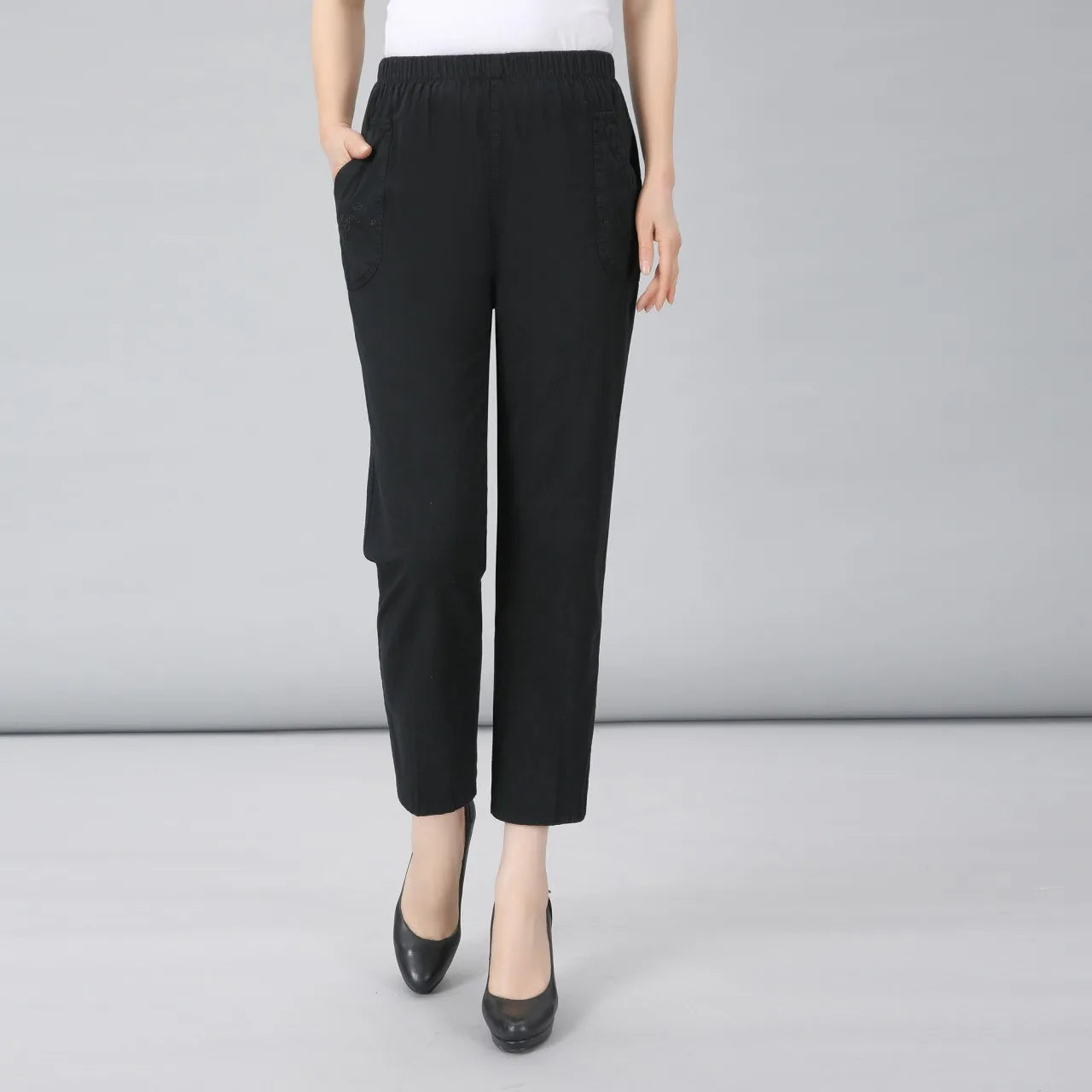 Spring Summer Casual embroidery Cotton Pants Women's Korean Thin Harem Pants Elastic Waist Middle-aged Female Linen Trousers