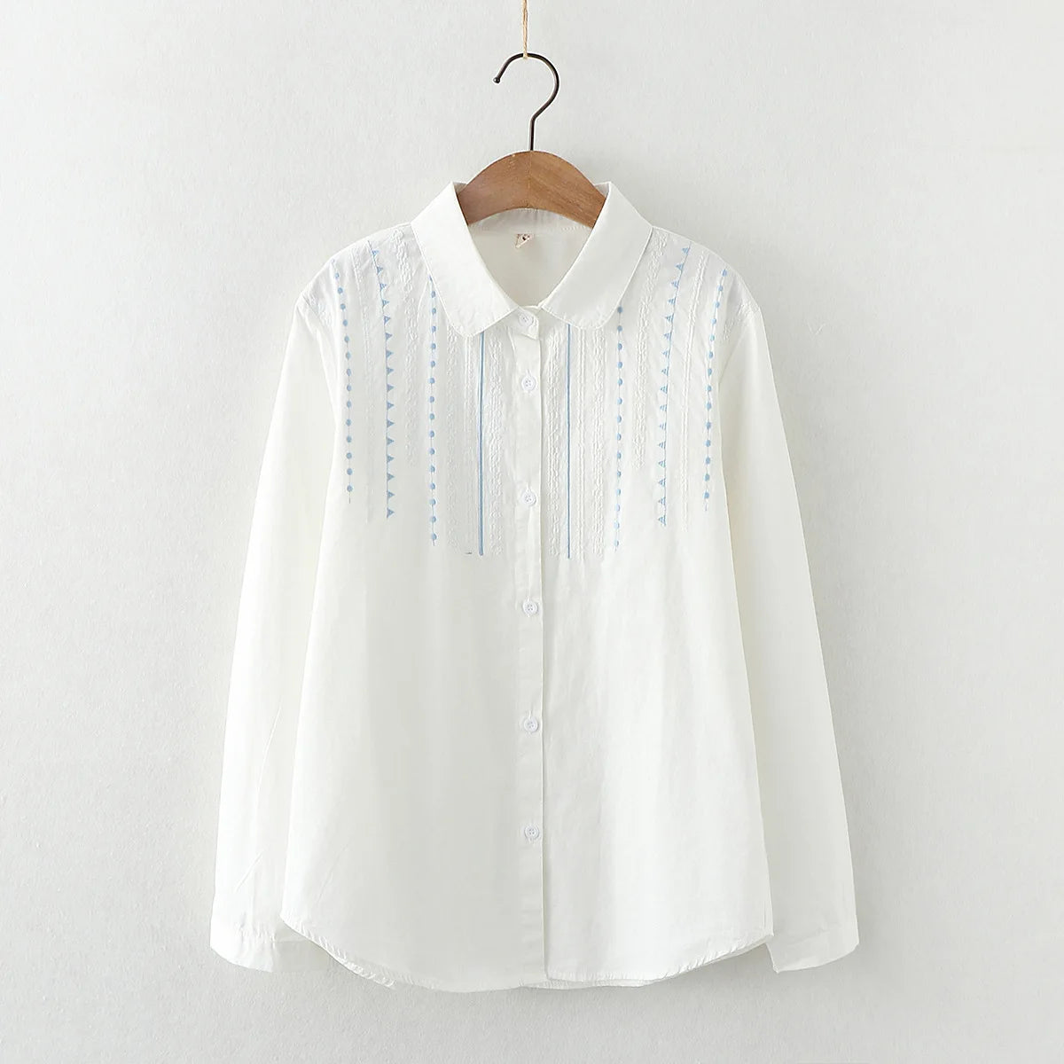 Embroidery Cotton Women's Long Sleeve Shirts 2024 Autumn New Art Jacquard Ladies Lace Collar White Casual Blouses & Tops