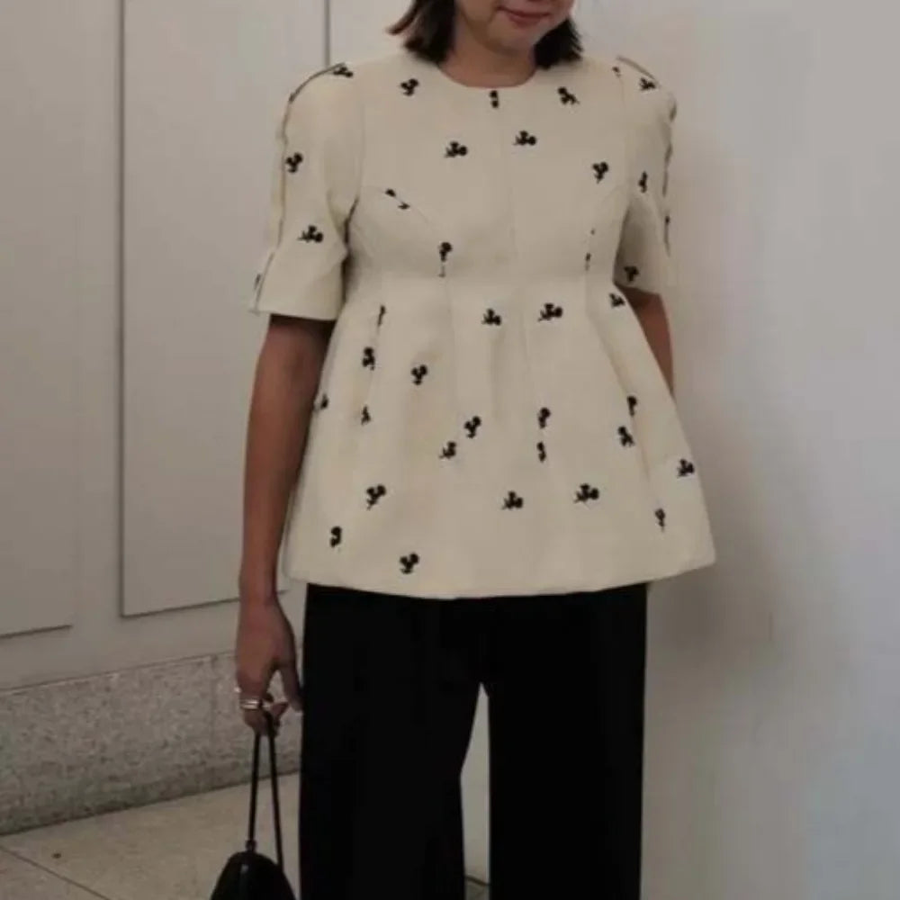 O-neck Bubble Sleeve Shirts & Blouses Flower Embroidery Blusas Mujer Pleated  HemWoman 2025 Clothing Moda Camisas Summer Ropa