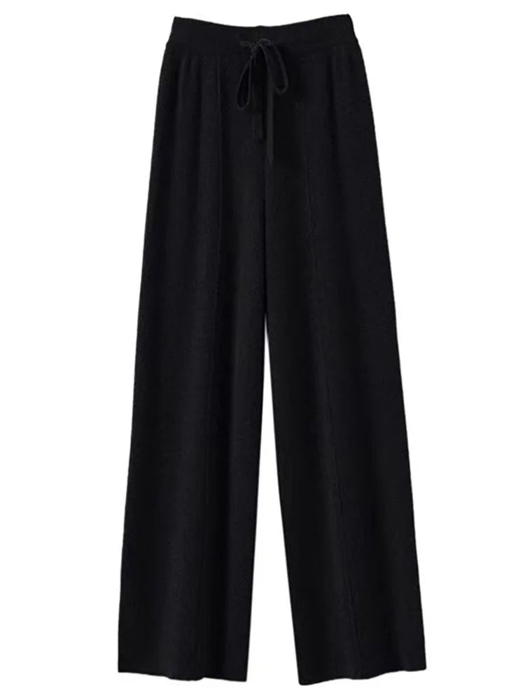 100% Pure Wool Pants Cashmere Wide Leg Trousers Women's Long Britches Knit Loose Daks Casual Pants Autumn Winter High Waist Daks