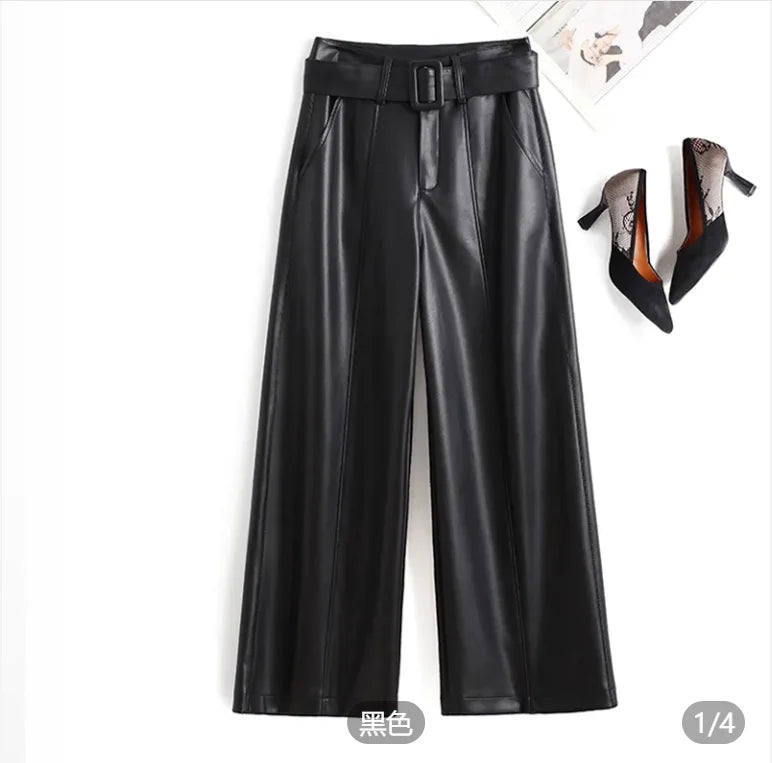 2024 Black Genuine Leather Pants Women Sheepskin Straight Pants Spring Autumn High Waist Belt Loose Real Leather Casual Trousers