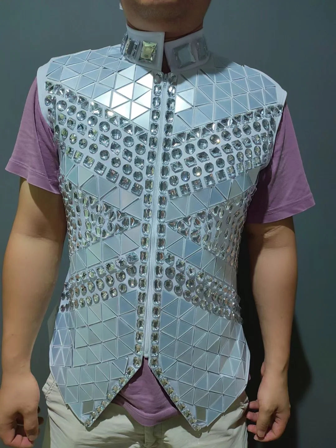 Sparkly Rhinestones Male Mirror Waistcoat Bar Nightclub Singer Stage Crystal Sequins Vest Performance Clothes Drum Dance Coat