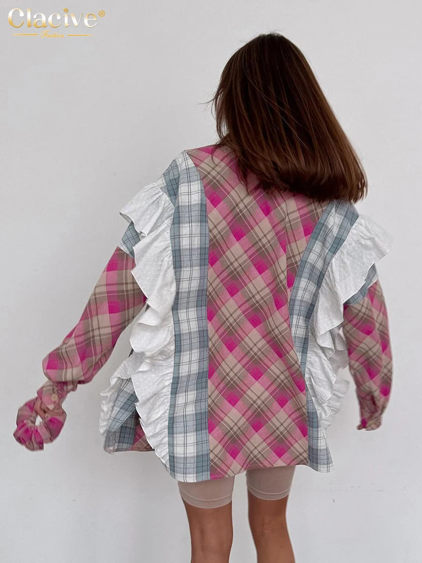 Clacive Fashion Loose Plaid Women's Shirt 2024 Vintage Lapel Long Sleeve Blouses Elegant Classic Ruffle Tops Female Clothing