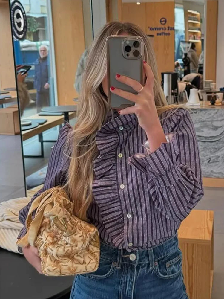 Ruffles Women Sweet Shirts 2025 Fashion Ladies Casual Purple Striped Blouses for Party Female Chic Tops Girls Cute Clothes