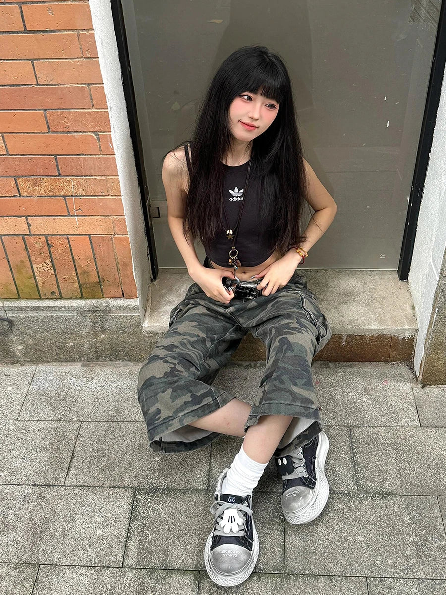 REDDACHiC Cargo Pockets Camouflage Baggy Jorts Women Pleated Pintuck Loose Casual High Rise Denim Shorts Harajuku Retro Clothes