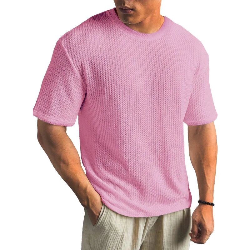 Solid Color Waffle T-shirts for Men Casual Brand Quality Short-sleeved Men's Tees New Summer Fashion Designer Tops Male