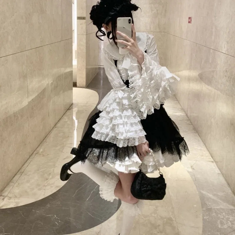 Lolita Lace Shirts Women Flared Long Sleeve Inner Wear Blouse White Shirt Women Y2k Tops Aesthetics Sweet Blouses New