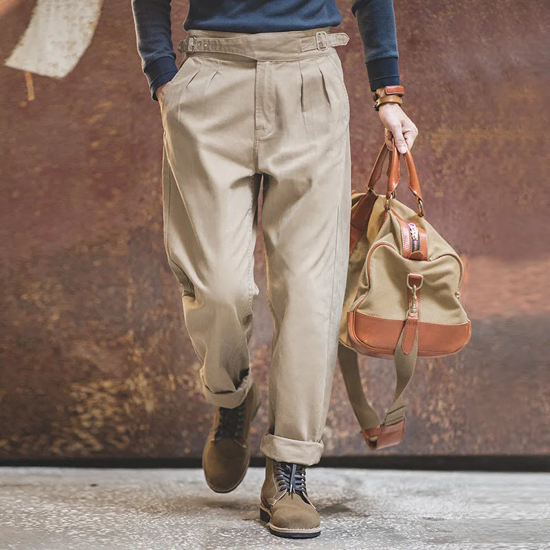 Maden Vintage Adjustable High Waist Gurkha Pants Men's Casual  Double Pleated  Straight Tapered Pants Amekaji Cotton Trousers