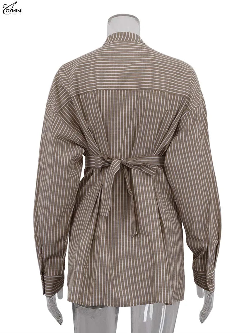 Oymimi Fashion Brown Striped Print Women Top Elegant Long Sleeve Pockets Lace-Up Blouses Spring Casual New Lapel Button Shirts