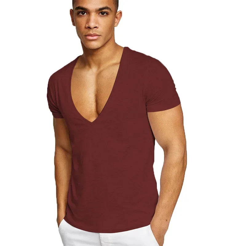 MRMT 2025 Brand New Men's Fitness And Leisure Summer Cotton Sweat-Absorbent Solid Color European Size Deep V-Neck T-Shirt Tops