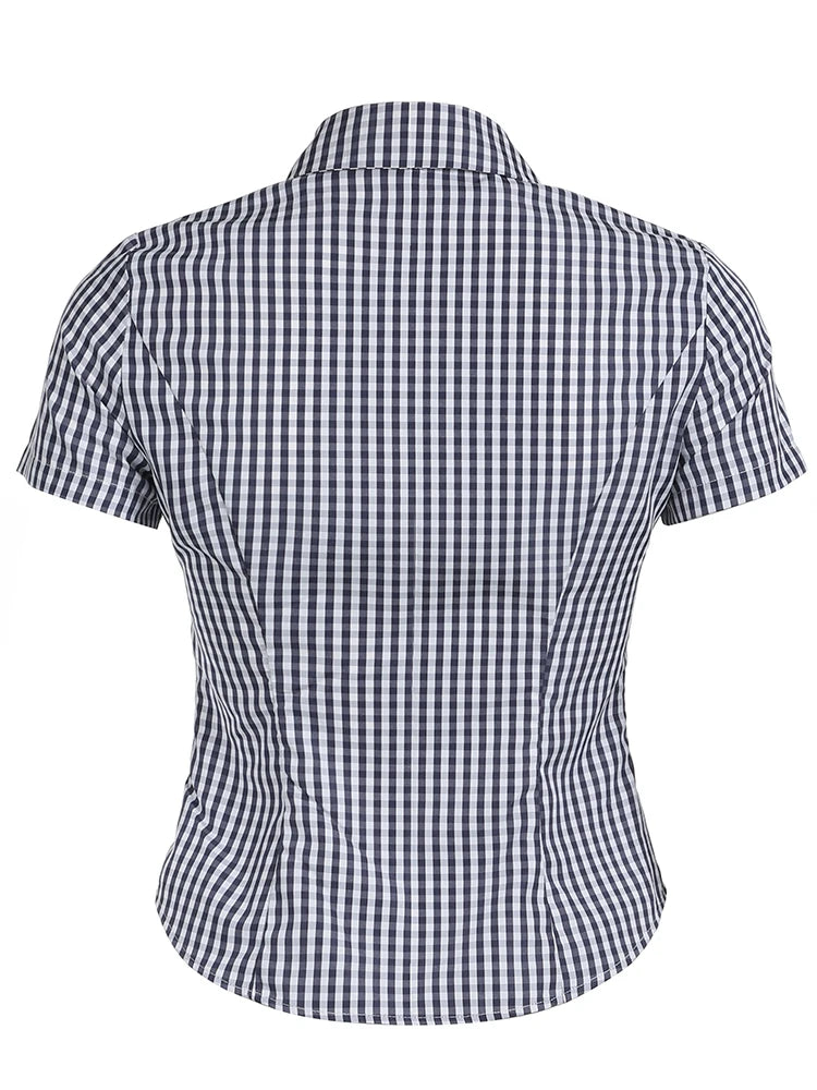 Rockmoer Fashion Blue Plaid Skinny Slim Blouses Office Ladies Y2K Aesthetic Vintage Buttons Up Shirts Women Korean Casual Tops