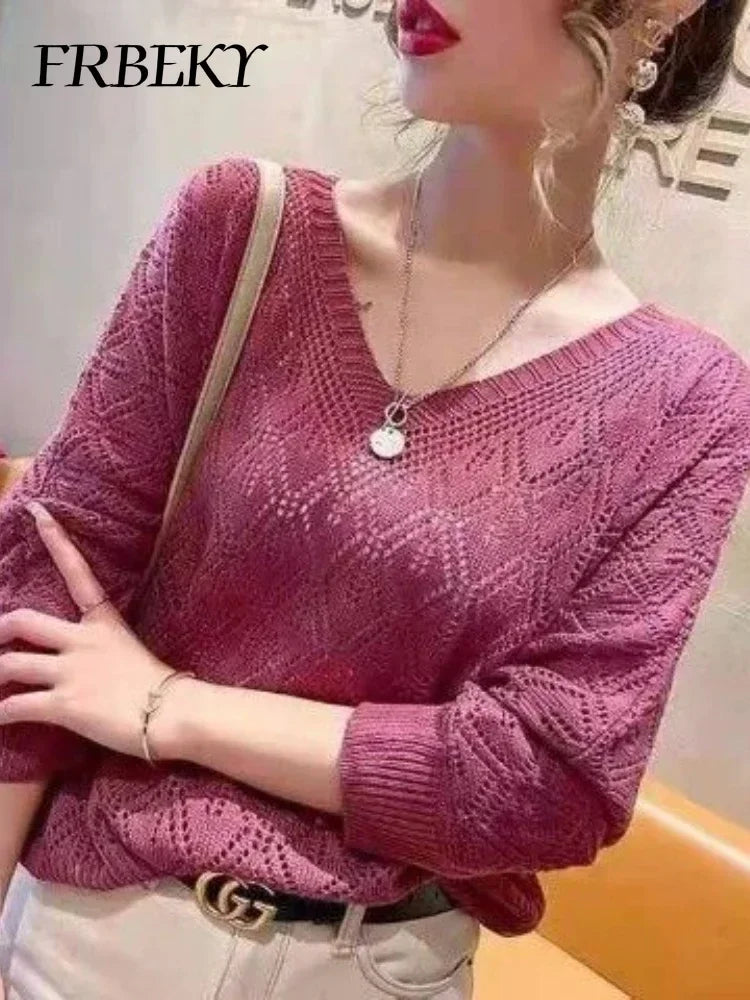 Women's Sweater Fashion V-neck Crochet Hollow Knit Sweater Autumn Thin Loose Bat Shirt Short Paragraph Ladies Tops Korean Jumper