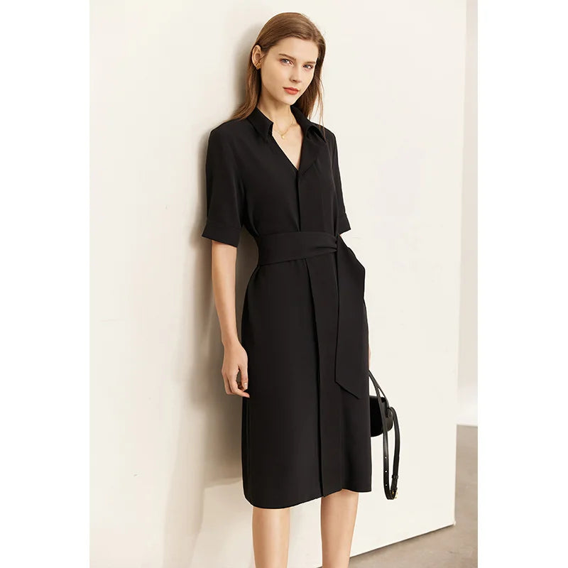 AMII Minimalism Dresses for Women 2023 Summer New Shirt Dress with Belt Waist Office Lady Solid Casual Black Vestidos 12352028