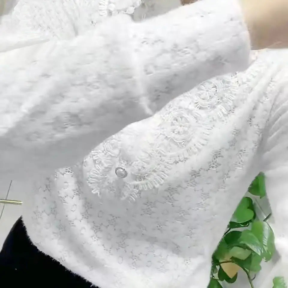 White All-match Fashion Jacquard Open Stitch Shirt Long Sleeve Polo-Neck Office Lady Chic Sexy Spring Autumn Loose Casual Blouse