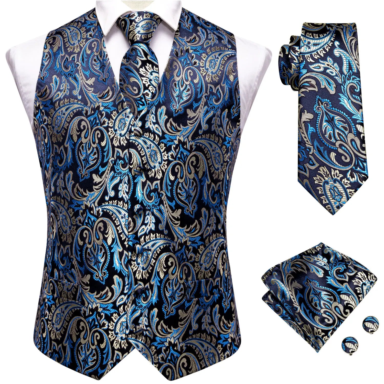 Hi-Tie Black Men Silk Vest Paisley Jacquard Necktie Hankerchief Cufflinks Sets Male Sleeveless V-Neck Waistcoat Business Formal