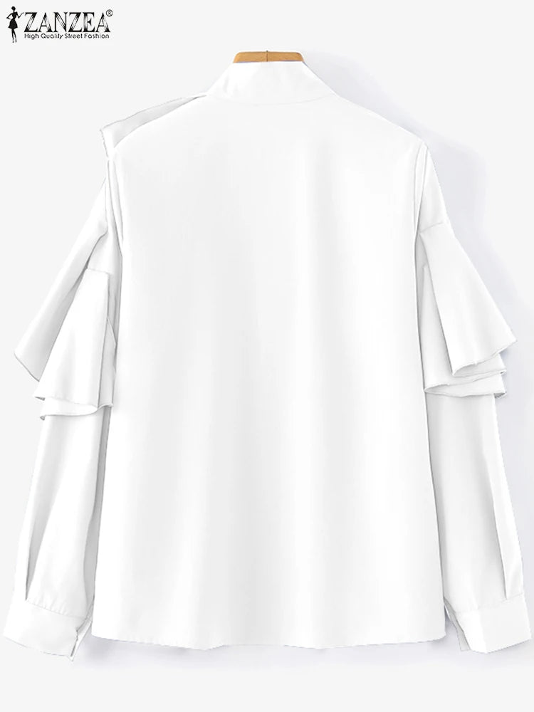 ZANZEA Elegant Office Blouse Women 2025 Fashion Ruffled Stitching Solid Shirts 3D Long Sleeve Tops Casual Loose Buttons Tunics