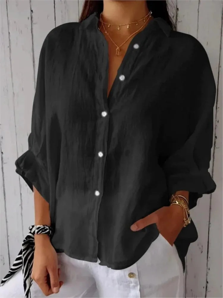 New Women Cotton Linen Shirts Elegant Back Bow Lace Up Solid Casual Shirt Spring Summer Lapel Half Sleeve Blouse Loose Tops