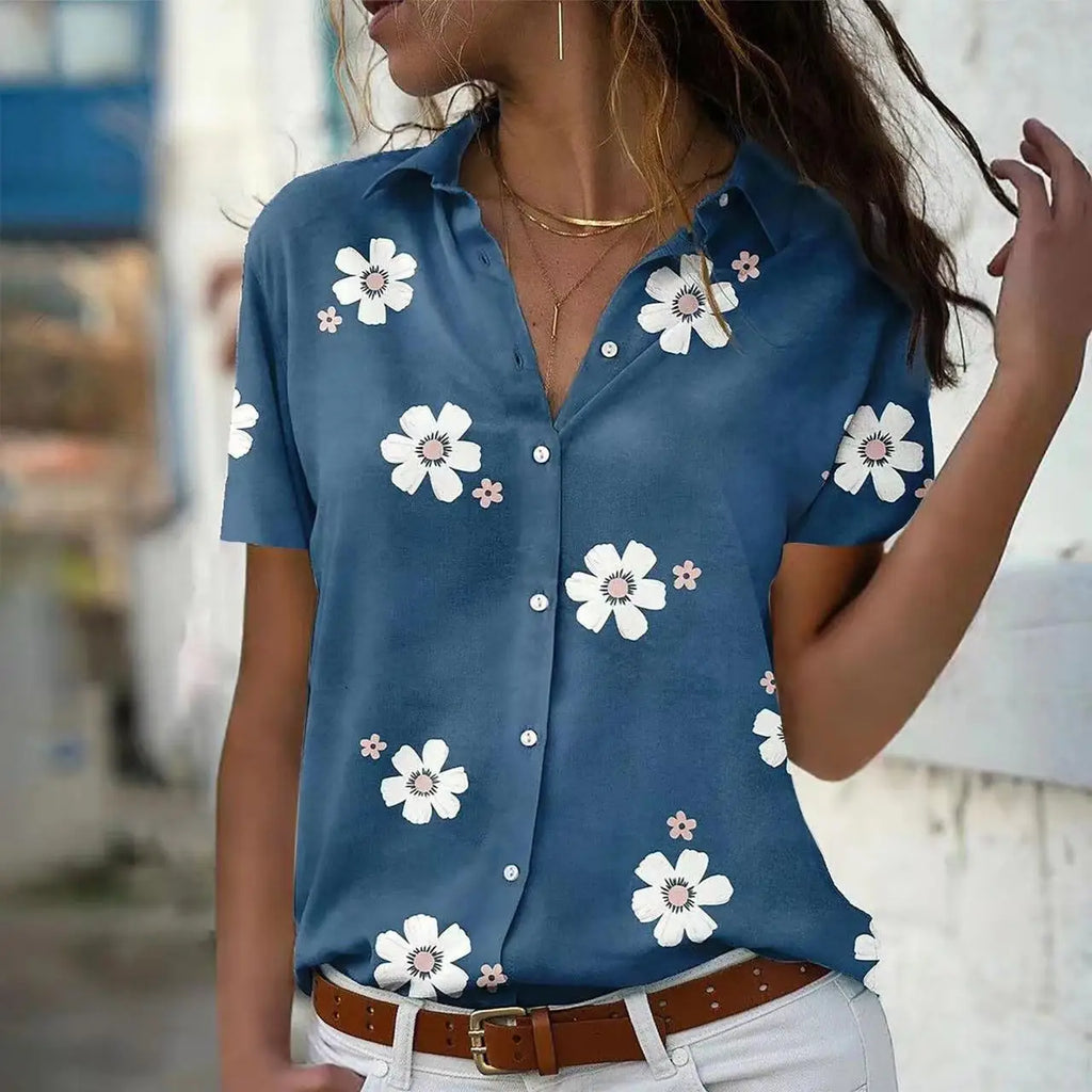 Women's Spring Summer New Style Slimming Fashion Flower Printed Short Sleeve Collar Loose Casual Comfortable Button Shirt