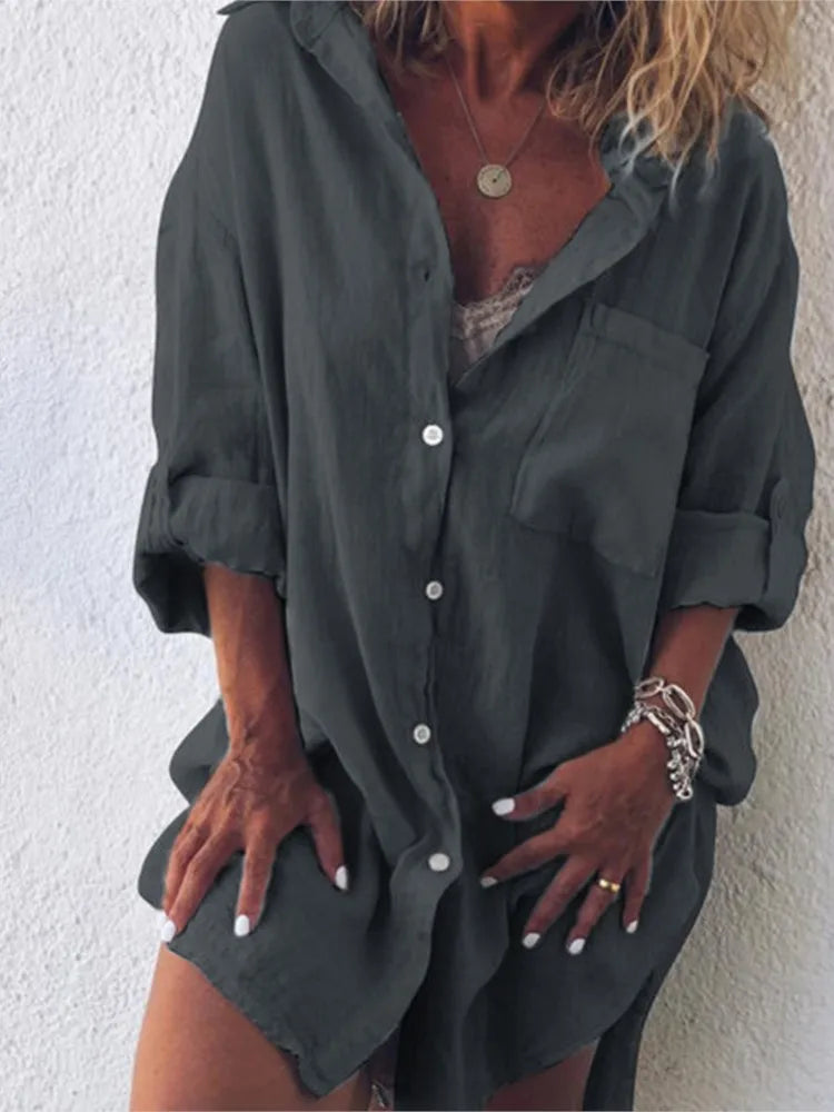 Summer Women's Clothing New Fashion Cotton Linen Pocket Beach Fashion Button Up Shirt Long Sleeved Casual Comfortable