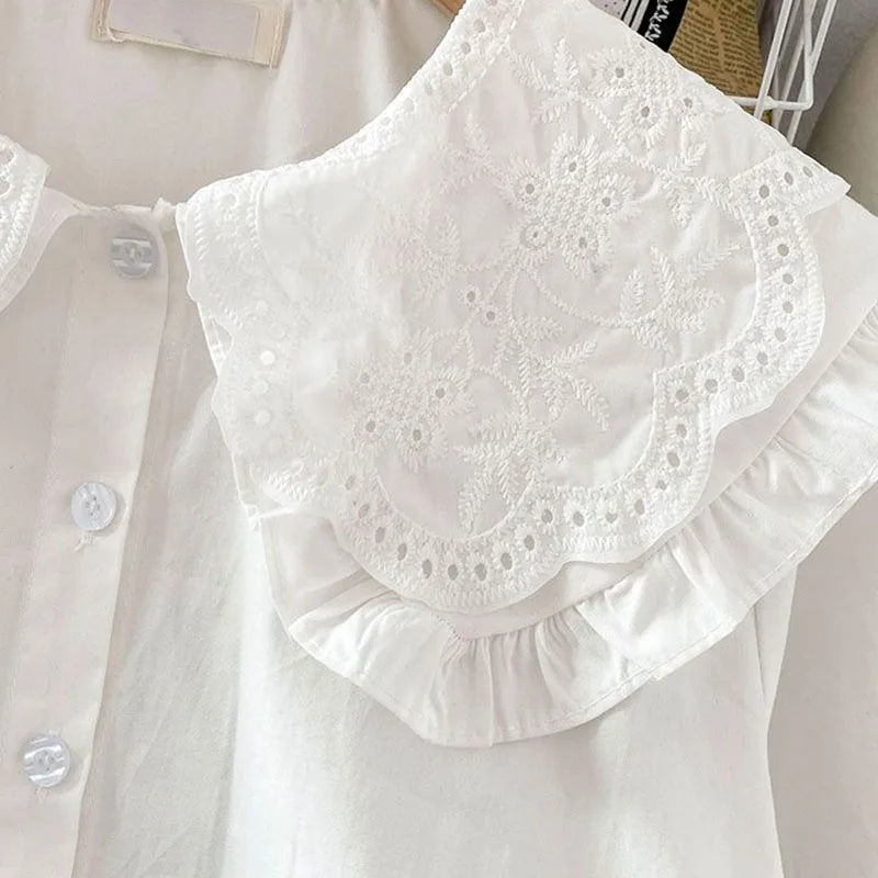 Preppy Style Peter Pan Collar White Shirt Women Spring Summer Long Sleeve Casual Loose Student Blouses Kawaii Button-Up Shirts