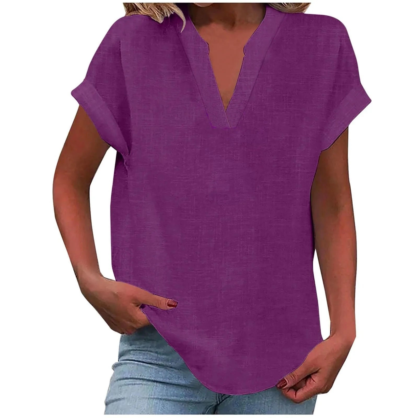 Summer Cotton Linen Breathable Solid Color Button Down V-neck Shirt Basic And Versatile Casual Comfortable Lady Office Tops 2025