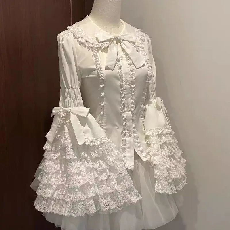 Lolita Lace Shirts Women Flared Long Sleeve Inner Wear Blouse White Shirt Women Y2k Tops Aesthetics Sweet Blouses New