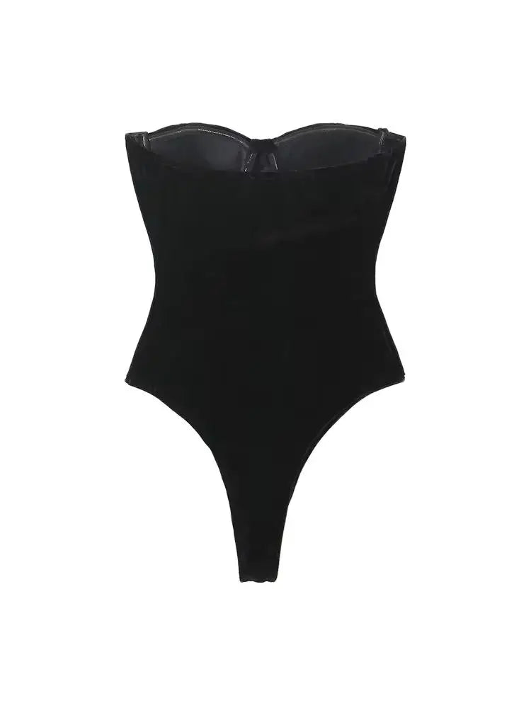 TRZA-Strapless Velvet Bodysuits For Women, Straight Neck, Snap-Button, Female Playsuits, Sexy Fashion