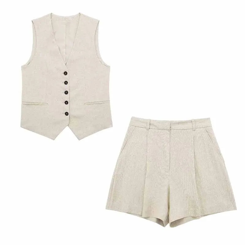 TRAFZA Women Vinatge Fashion Shorts Set Solid White Sleeveless Vest+Pockets Pants Female Two Pieces Set Street Roupa De Mujer