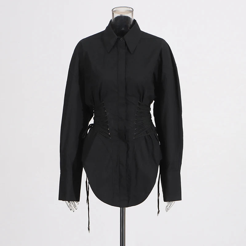 TWOTWINSTYLE Solid Spliced Lace Up T Shirts for Women Lapel Long Sleeve Patchwork Single Breasted Fashion Top Female Clothing
