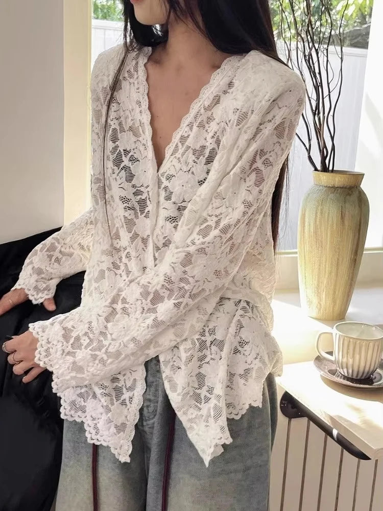 Sexy Lace See Through Grunge Blusas Y2k Aesthetic Single Breasted Oversized Women Blouse Vintage Embroidery Flower Harajuku Tops