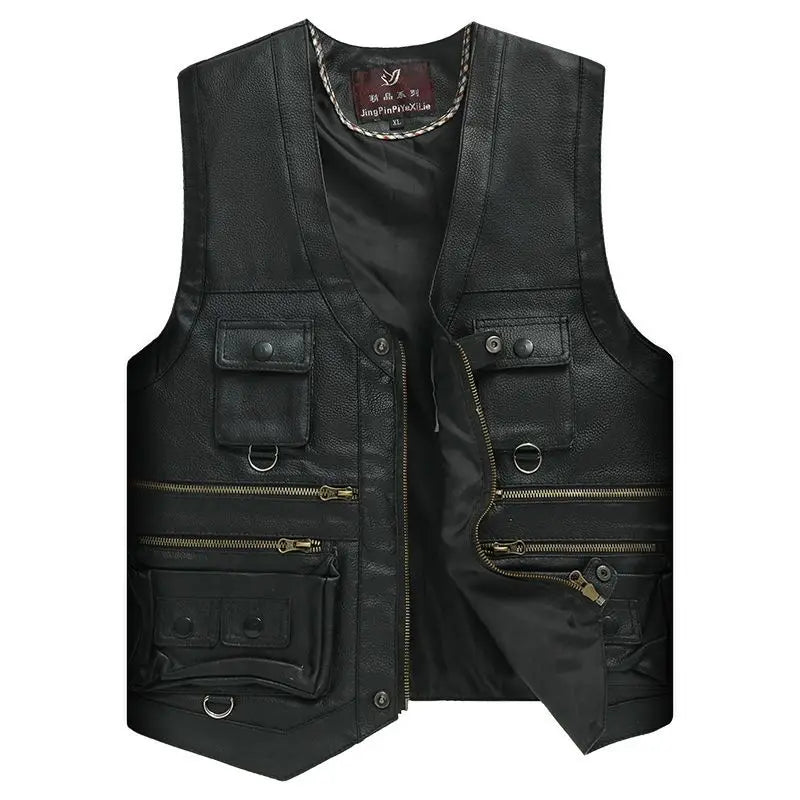 2024 Men Spring Autumn New Cowhide Genuine Leather Vest Mens Slim Fit Real Leather Waistcoat Male Multi Pocket Zipper Vest D372