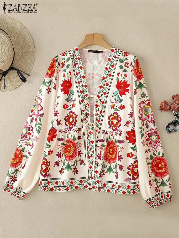 Bohemian Printed Holiday Shirt Women's Summer Blouses ZANZEA 2025 Fashion Long Sleeve Blusas Female Floral Tunic Cardigan Tops