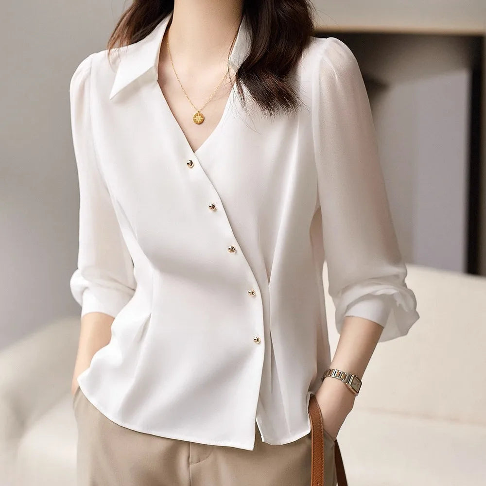 2023 Spring and Autumn Women's Solid Half Open Collar Long Sleeve Single Treated Shirt Office Lady Korean Fashion Casual Tops