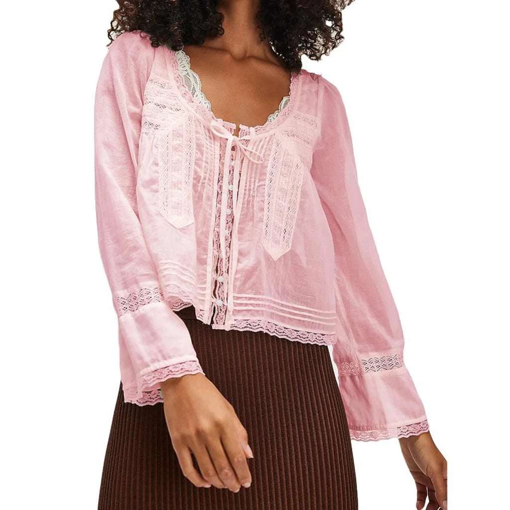 Combhasaki Women's Y2K Fairy Long Sleeve Square Neck Shirts Lace Patchwork See-through Tie-up Front Button-down Blouse Crop Tops