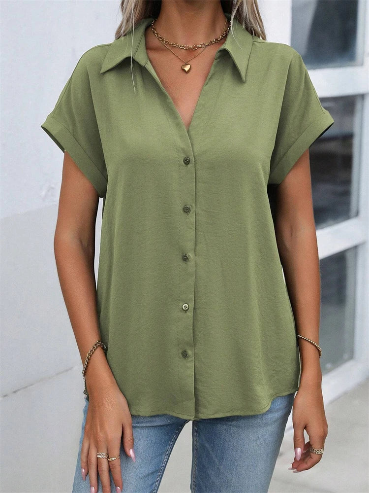 2025 Spring And Autumn New Solid Color Short-sleeved Shirt Fashion Loose Temperament Shirt Folding Blouse Ms. Home Rest Shirt