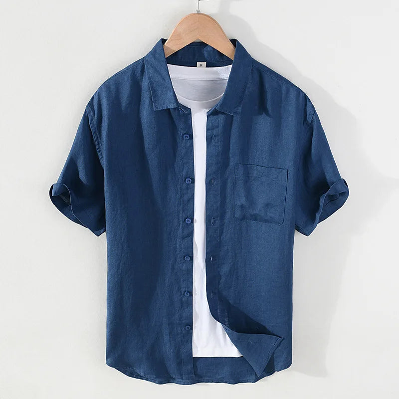 923 100% Linen Men's Summer Fashion Shirt High Quality Solid Color Simple Casual Short Sleeve Blouses Basic Thin Breathable Tops