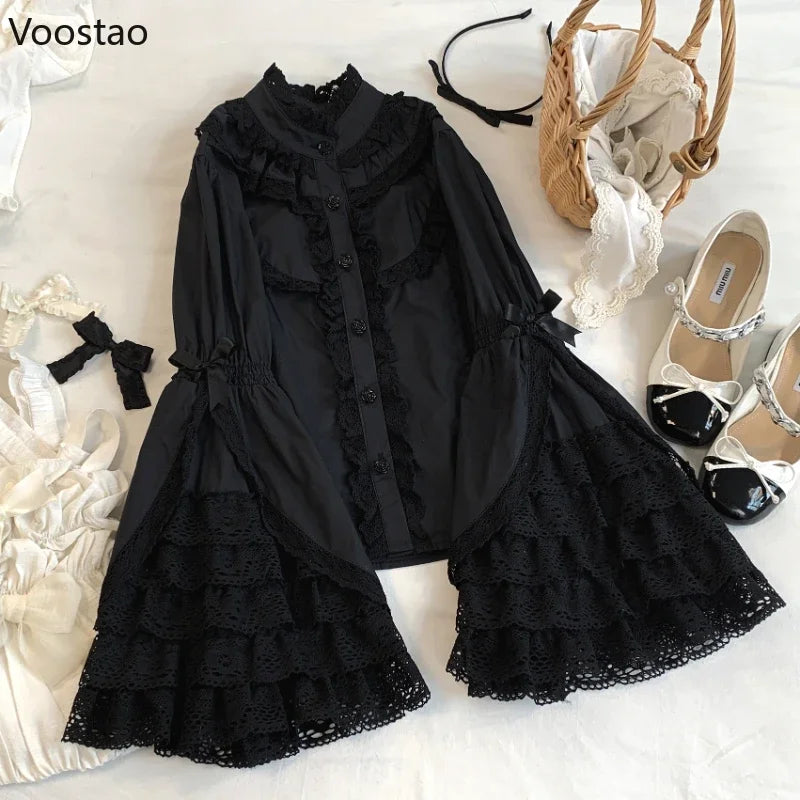 Victorian Elegant Lolita Shirts Women Harajuku Gothic Y2k Lace Ruffle Flare Sleeve Cotton Blouse Female Vintage Blusas Mujer Top